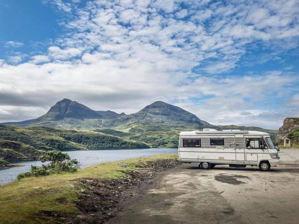 Hymer S670 and Quinag mountain in the Scottish Highlands.